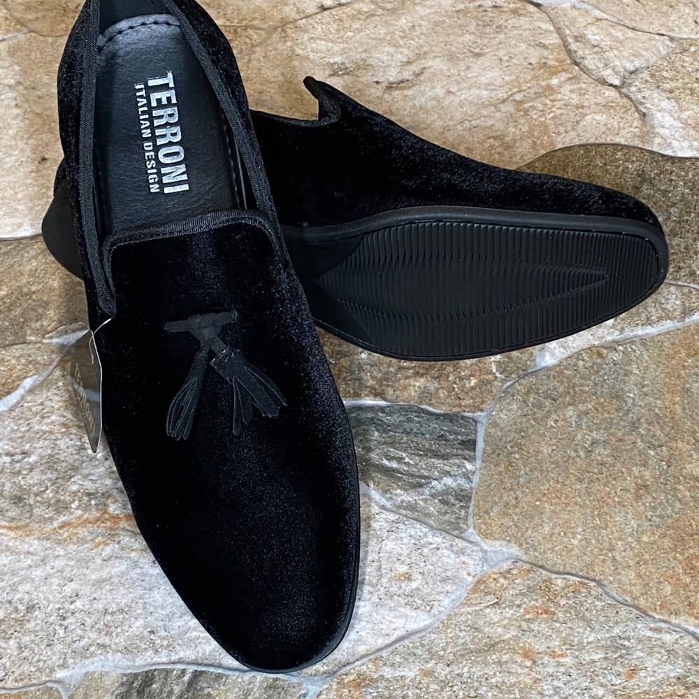 Terroni Black Men's Slip-On Loafer Shoe-Faux Suede-Tassel-Fashionable